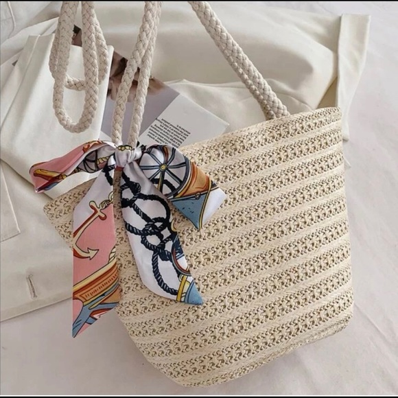 Stellar Designs by Tara Diamond Straw Tote Bag Nautical Satin Ribbon Accent - Picture 6 of 6